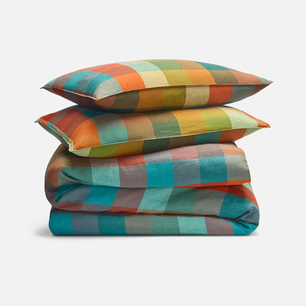 Washed European Linen Duvet Set - Sunset Check in Lotus / Full/Queen